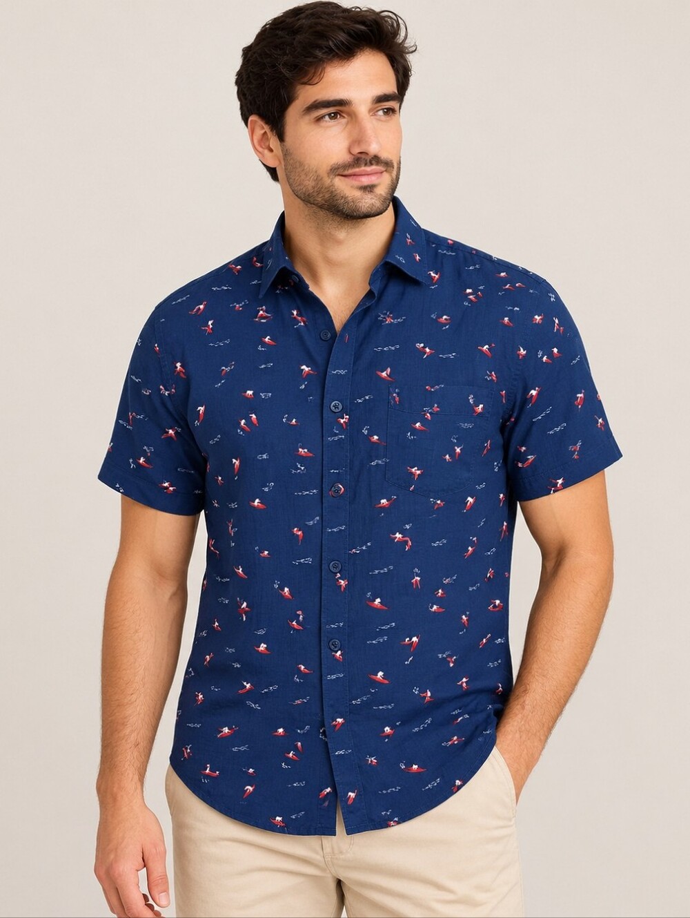5/50$ Jachs Navy Short-Sleeve Button-Down with Red and White Surf Motif